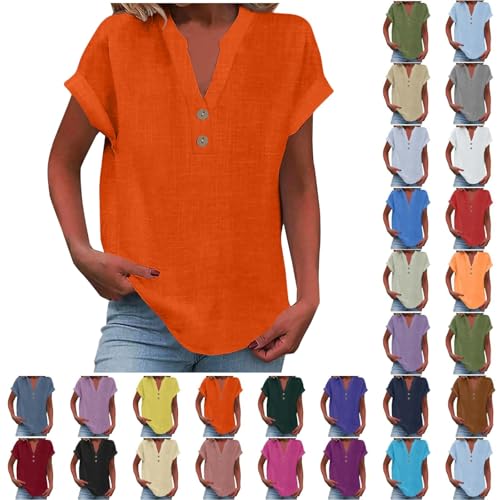 Log in Womens Shirts Under $10 Linen Shirt for Women 2025 Summer Button Down Short Sleeve V Neck Tops Solid Color Comfy Blouses Casual Dressy Tunic Tshirt