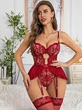 Aranmei Seksowna bielizna dla kobiet zestawy z pończochami i szelkami - koronkowe body body zestawy bielizny, czerwony (wine red), M