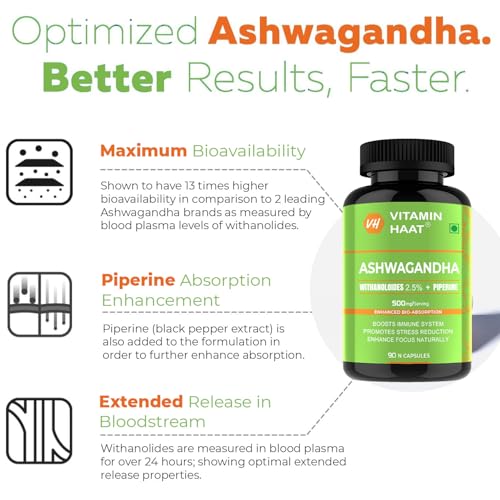 Image of Ashwagandha Supplements 90 Capsule| Organic Ashwagandha Powder Supplement for Men & Women | Supports Stress Relief, Energy & Recovery | Withanolides 2.5%, Piperine Bio Enhanced Formula by VitaminHaat