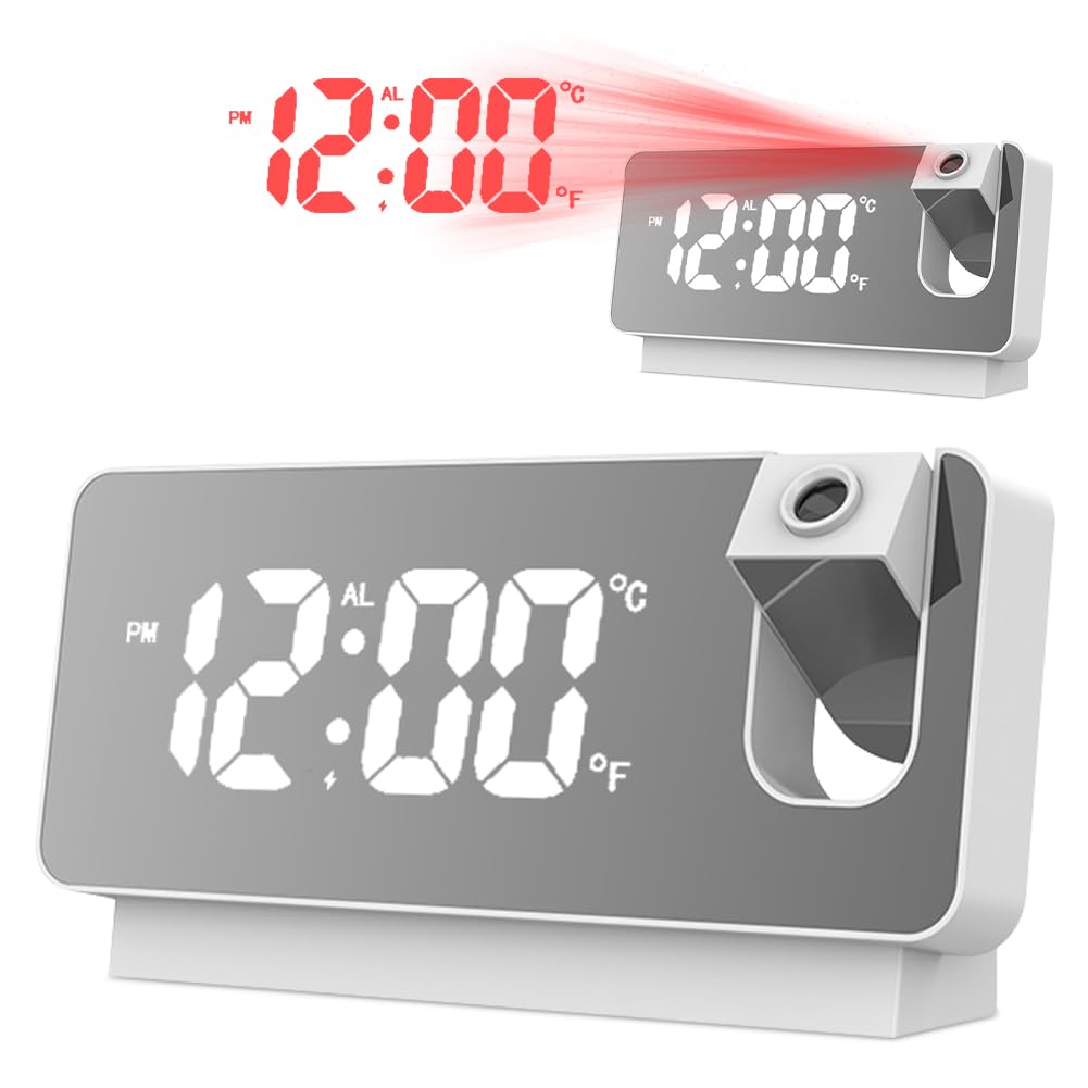 Sveglia digitale con proiezione, orologio digitale a LED, con data, temperatura, comodino, camera da letto, schermo extra grande, senza radiazioni, orologio digitale (bianco)
