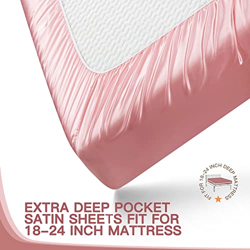 Vacvelt 4Pcs Extra Deep Pocket Satin Sheets Queen Size Bed Set, Pink Satin Sheet Set Fit 18-24 Inch Deep Pocket Mattress, Silky & Luxury Satin Bedding Set Soft & Ultra Deep Fitted Sheet Set #TOP4