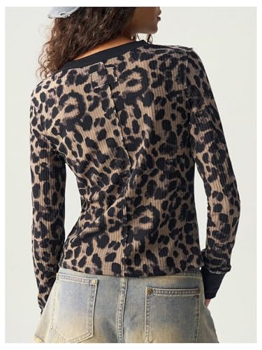 GORGLITTER Women's Leopard Cardigan Sweaters Y2K Long Sleeve Button Up Crewneck Rib Knit Tops2