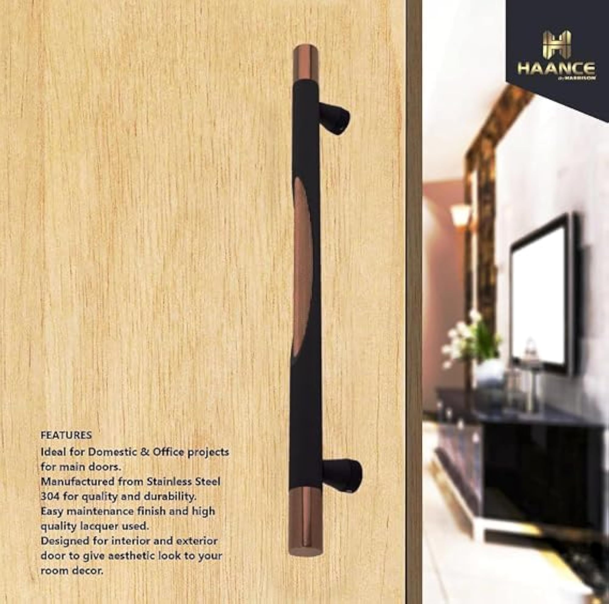 HAANCE Heavy-Duty Pull Handle for Glass Doors, Silk Black & PVD Rose Gold Finish