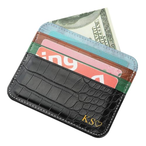Customized Gold Silver Initial letters Credit Card Holder Wallet, PU Leather Ultra Slim Wallet, Thin Minimalist Credit Card Case Card Protector, Front Pocket Wallets for Men, Women (croco-black)4