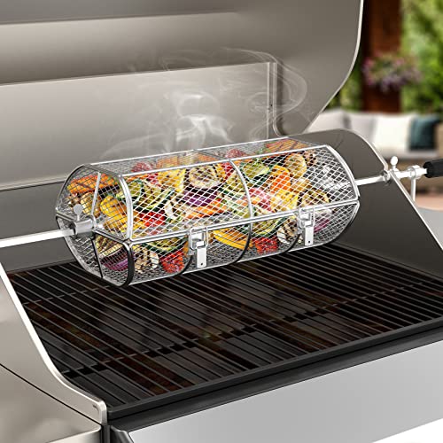 onlyfire BRK-6039 Edelstahl Universal Drehbar Grillkorb Erdnuss Bohnen Pommes Frites Korb passt für Gas Grill Drehspieß, 39x 20x 14cm