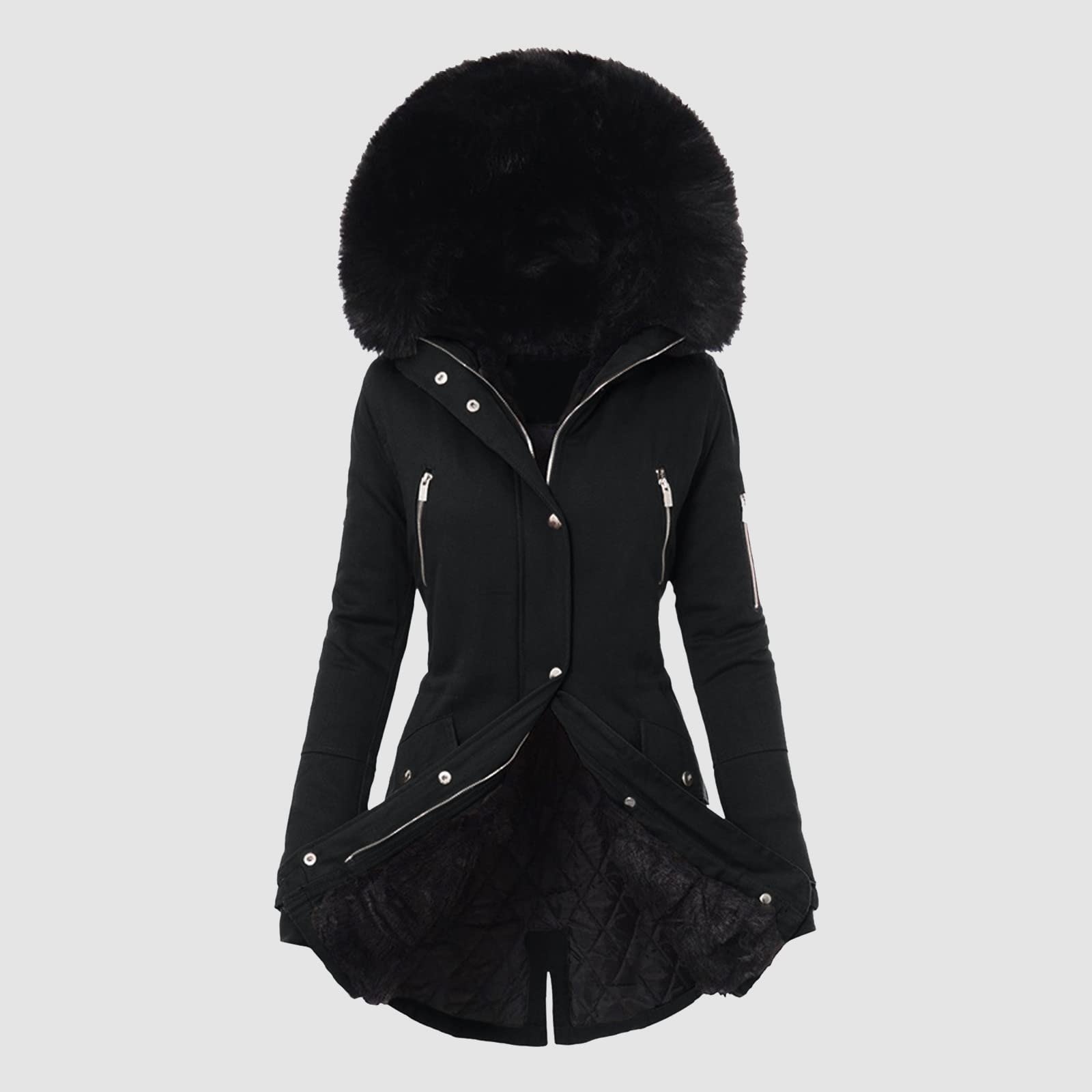 Manteau d'hiver épais pour femme avec fourrure - Couleur unie - Parka d'hiver avec capuche - Coupe-vent avec poches - Longueur moyenne - Veste d'hiver douce - Coupe-vent
