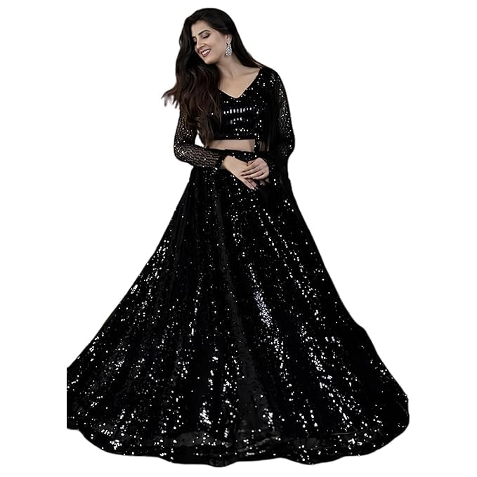 Women’s Premium Faux Silk Sequins Work | Lehenga with Blouse & Heavy Flared Lehenga | Black Sequins Lehenga Choli Set for Wedding, Engagement & Reception