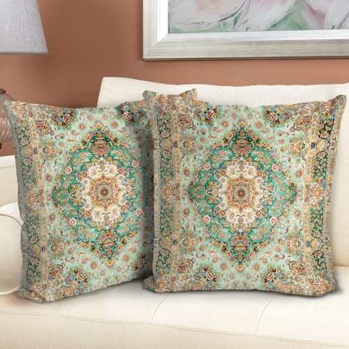 BUAEL Boho Floral Throw Pillow Covers 18x18 inch Set of 2,Green Boho Rug Geometric Floral Pattern Decor Double Sided Pattern Cushion Cover Soft Pillow Case Living Sofa Room Bed Square Pillow Cover