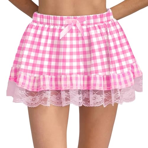 Women's Y2K Plaid Mini Skirt Lace Trim Elastic High Waist Ruffle Short Skirt Cute Gingham A Line Skirts Streetwear