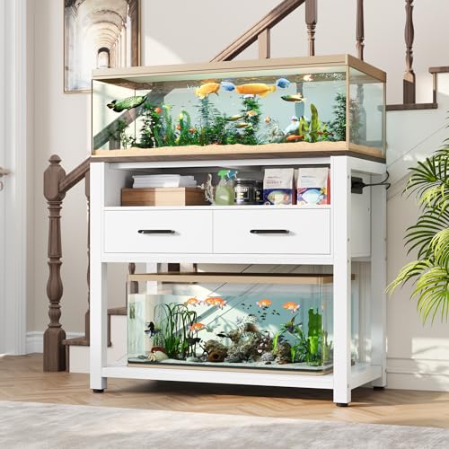 EOSVALO 40-49 Gallon Fish Tank Stand with Two Storage Drawers, Heavy Duty Aquarium Stand with Waterproof Mat, Sturdy Metal Frame, 800 LBS Capacity Storage Cabinet, White