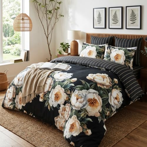 Image of Digitally Printed with Reactive Ink Tech | 300 TC 100% Organic Cotton Queen Premium Bedsheet Set | Ultra-Soft Satin-Like Finish | Floral Midnight Bloom