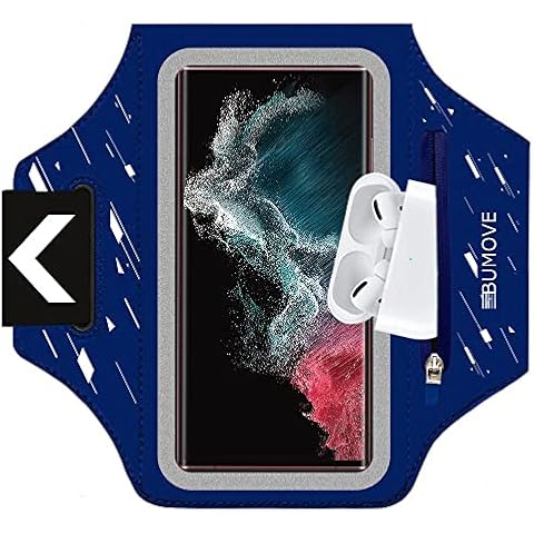 BUMOVE Cell Phone Running Armband for Samsung Galaxy S21+, S21 Ultra, S20 FE, S10+, Note 20 Ultra 10 Plus, A02s, A12, A52, Gym Workout Arm Band up to 6.9 inch with Earbuds Key Card Holder (Blue) Cover