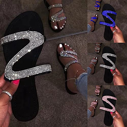 ZSpzx Summer Sandals For Women 2025,Women's Flat Sandals, Rhinestone Slippers Open Toe Low Heel Glitter Bling Sparkly Dressy Slip-on Outdoor Strap Slide On Slides Walking Casual Sexy Shoes for Beach2