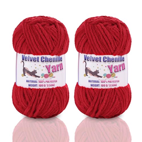 2 * 100g/3.5oz Fluffy Chenille Yarn for Crocheting Chunky Velvet Yarn for Crochet Amigurumi Used for Making Baby Yarns Blanket Clothes Pattern Knitting Creations (Red)