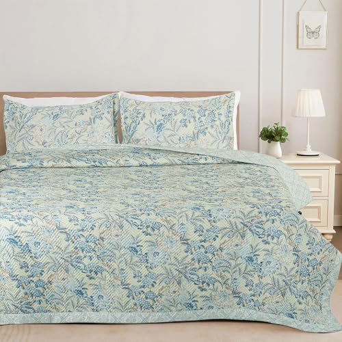 Image of Amazon Brand - Umi 100% Cotton Quilted /Ultrasonic 280 Tc Printed King Size Bed Cover /Bedsheet /Bedspread Comforter with 2 Pillow Shams /Cover, (Luxurious, 90 x100 inches, Blue & Beige)
