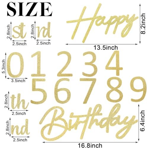 Image of Happy Birthday with 0-9 Numbers Sign for Backdrop - Glitter Felt Custom Age Happy Birthday Decal for Balloon Arch Birthday Decorations Baby Shower - Glitter Gold