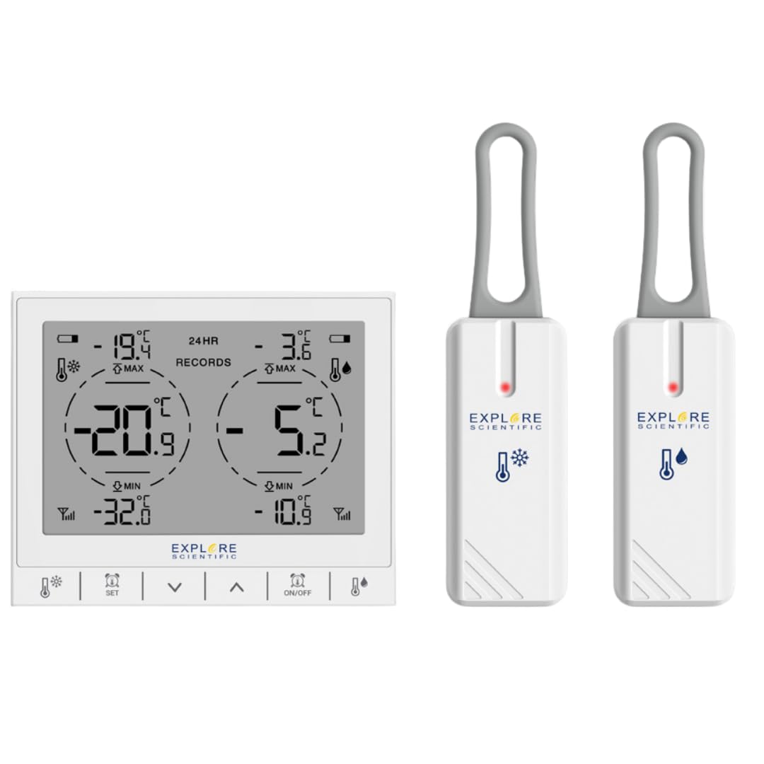 Explore SF2001 Termometro Digitale per Frigo e Freezer con 2 Sensori a Gancio, Allarme Alte/Basse Temperature, Memoria Storico 24h, Display LCD, Batterie Incluse, Bianco