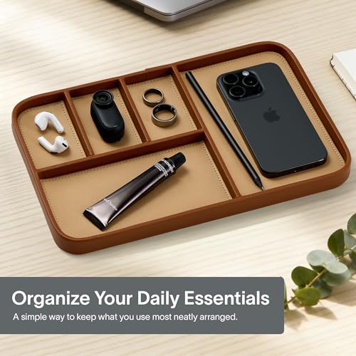 Nordik Leather Valet Tray - Sand Brown - 30 x 20 cm Large Vegan Leather Tray - Stylish Nightstand Organizer for Men - Modern Bedside Caddy - EDC Catchall for Key Watch Wallet Jewellery