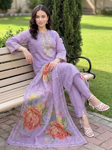Image of INDO ERA Women's Silk Blend Embroidered Thread Work Kurta & Pant with Dupatta Set