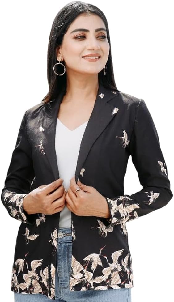FAB CURATE with tagline CURATE YOUR OWN FABRICFabcurate Bird Printed Blazer for Women Black | Classic Tailored Modern Jacket with Notched Neck & Full Sleeves | Fashionable Casual Wear