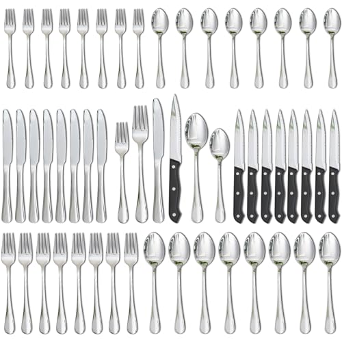 Image of Astercook Silverware Set 48-Piece Flatware with Steak Knives Food-Grade Stainless Steel Cutlery for 8 Mirror Polished Utensils Set Include Spoons and Forks for Home Kitchen Restaurant