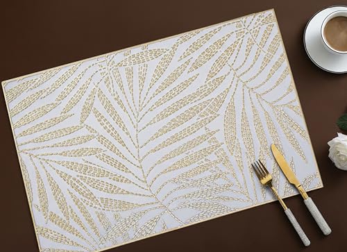 Image of Yellow Weaves 4 Pcs PVC Table Placemats, Dining Table Mat, Stain Resistant, Anti-Skid, Waterproof, Washable, Dining, Kitchen, Restaurant Table Set Easy to Clean, Durable (Fern Leaf Golden)
