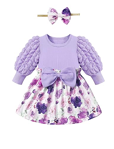 Image of Qaoerde Baby Girl Dress Puff Sleeve Plaid Dress Ribbed Newborn Dress Clothes Fall Winter Outfits with Bowknot Headband