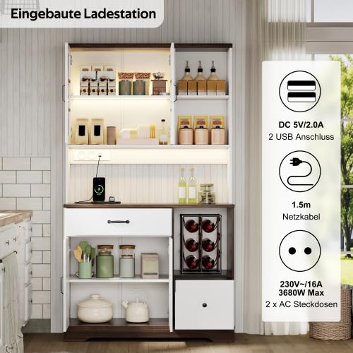 Mobile da cucina alto, 185 x 105 cm, stile fienile, prese LED, bianco