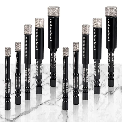REKCKRUL 10-Pack Diamond Drill Bits Set, 1/4 5/16 3/8 1/2 Inch Diamond Hole Saw – 1/4 Hex Shank Core Drill Bits for Ceramic, Tile, Glass, Granite, Marble, Brick & Stone, 6/8/10/12mm