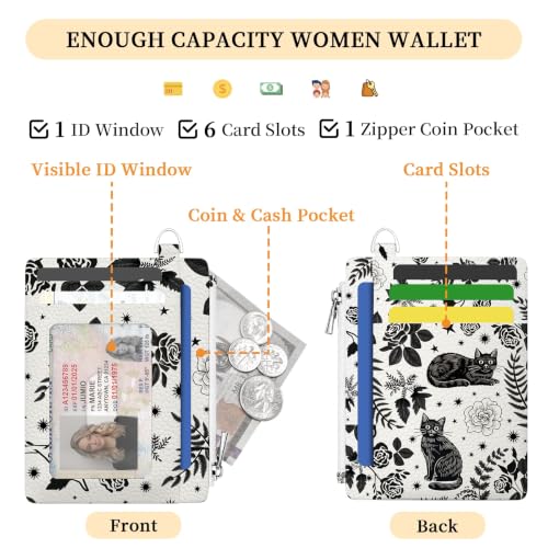 Image of Hancynir Black Cat Floral Credit Card Holder Small Wallet Women, RFID Slim