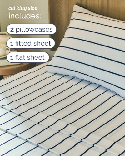 Image of Cal King 4 Piece Striped Sheet Set - Breathable & Cooling - Navy Stripe | 1 Flat, 1 Fitted & 2 Pillowcases w / Deep Pockets, Luxury Striped Bedding, Soft, Breathable & Cooling, Wrinkle & Fade Free