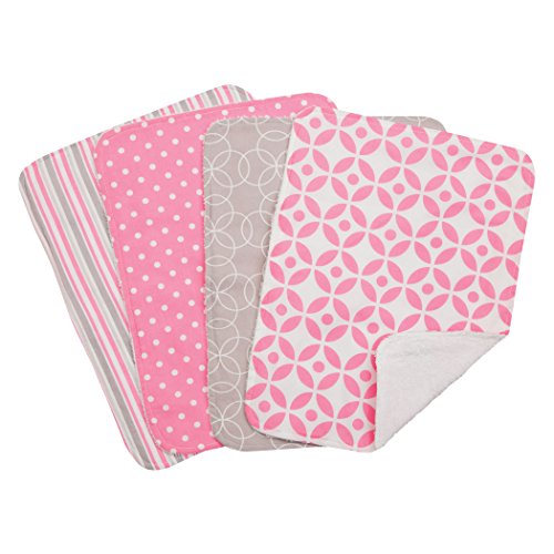 Lily 4 Pack Burp Cloth Set - 4 Deluxe Burp Cloths, Dot, Stripe, Circle and Stripe Print, Pink, Gray and White, White Cotton Terry Cloth, 10 in x 13 in