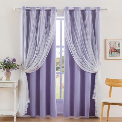 Image of Anytime Double Layer Blackout Curtains 2 Panels,52Wx80L,Lavender | Sheer And Fabric Window Drapes Grommet Top Solid Color Bedroom Living Room Home Decor
