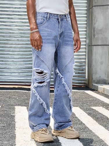 Mens Ripped Jeans Relaxed Fit Straight Leg Y2K Denim Pants Hip hop Streetwear Trousers Washed Light Blue4