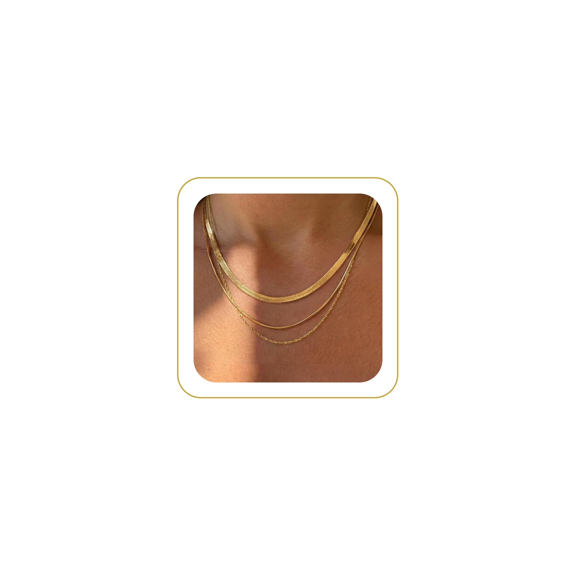 Tewiky Layered Necklaces for Women Non Tarnish- Chunky 14k Gold Plated Herringbone/Snake/Rope/Box/Cuban Link Chain for Women Waterproof Layering Stack Choker Necklace Trendy Dainty Tarnish Free Jewelry Set