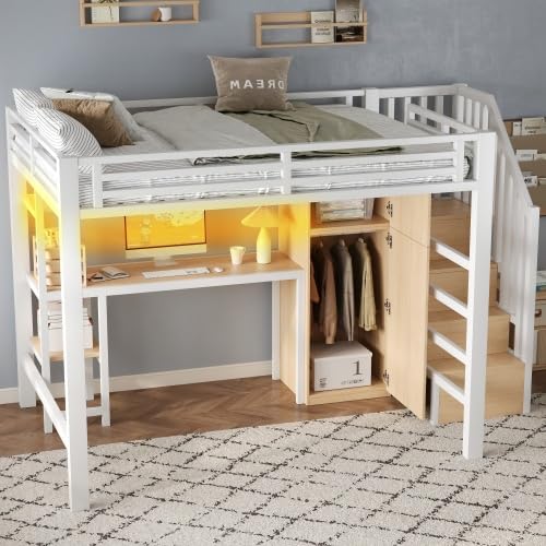 Merax Metall-Hochbett 140x200 mit Schreibtisch, Regal, Kleiderschrank, Stauraumtreppe und LED-Licht – Weiß, Ideal für Kinderzimmer, Jugendzimmer und kleine Apartments