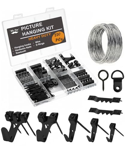 Image of Mr. Pen- Picture Hanging Kit, 220 pcs, Black, Assorted Hooks, Nails | Sawtooth Hangers, D-Rings, Steel Wire, Ring Hooks, Home Wall Mount Hardware for Frames, Canvas, Decor