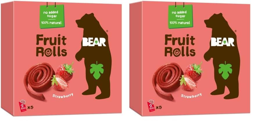 BearFruit Rolls Strawberry - 100% Natural Ingredients - No added sugar - Healthy School And Lunch Snacks For Kids And Adults - 5 x 20g (Pack of 2)
