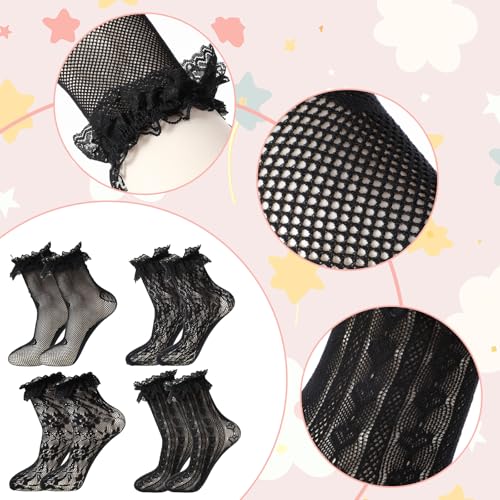 4 Pairs Black Lace Socks Lace Ruffle Socks Cute Lolita Sock Mesh Laces Sock for Women Ankle Ruffle （Jacquard/Big Heart/Sunflower/Small Heart）3