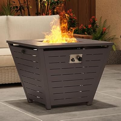 PaPaJet 32" Propane Fire Pit Table, 50,000 BTU Gas Fire Pit Table, Square Firepit Table with Lid and Lava Rock, Outdoor Propane Firepit for Garden, Backyard, Patio