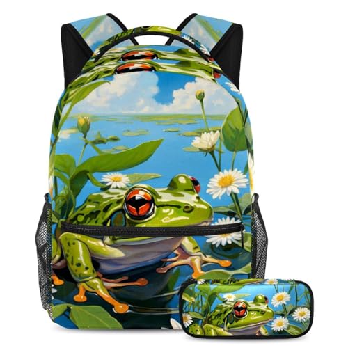 Sac d'école grenouille multicolore avec trousse à crayons pour fille et garçon