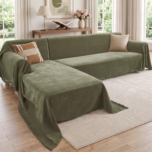 CAPALOCA Sectional Couch Covers, 2 Pieces Chenille Sofa Cover L Shaped Couch Cover Blanket for Dogs Washable Sofa Slipcovers Pet Furniture Protector (X-Large: 71" x 110" + 71" x 118", Sage Green)
