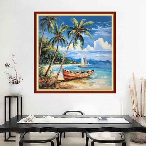 Image of Joyhoor Stamped Cross Stitch Kits for Beginners Needlepoint Kits for Adults Embroidery Kits 11CT Counted Cross Stitch Kits Printed Embroidery Pattern-Seaside Boat 18x18 inchs