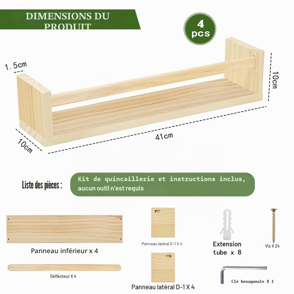 HEKOBAG Lot de 4 Étagères Murales Flottantes en Bois, 41cm Étagère Livres Flottante, Étagère à Livres pour Enfants, Bibliothèque Murale Flottante pour Chambre à Coucher, Salon, Salle de Bain