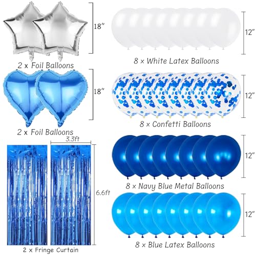 Image of Blue White Birthday Party Decorations Supplies Happy Birthday Banner Honeycomb Balls Fringe Curtain Foil Balloons Hanging Swirls Cake Topper Tablecloth Party Supplies for Boys Men