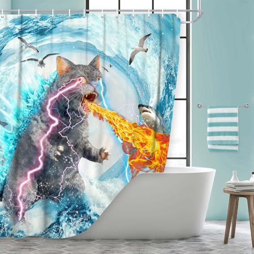 Image of Funny Cat Shower Curtain Set, Cute Fun Cat Blue Wave Animal Shark Ocean Theme Shower Curtain for Kids, Cool Cats Kids Home Bathroom Decor Polyester Waterproof Fabric Bath Curtain with 12 Hooks