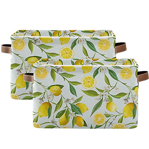 Mnsruu Storage Basket Lemon Floral Collapsible Organizer Basket With Pu Handles, Waterproof Nursery Laundry Basket Kids' Toy Storage Basket,1 Pack #TOP1