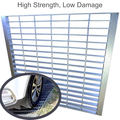 Image of Galvanized Steel Drain Grate with Lip 28x28 in, B-Class 28100 lbs Heavy-Duty Driveway Channel Cover w /Base, Outdoor Trench Drainage Grate, Silver Square Metal Sewer Cover for Garage