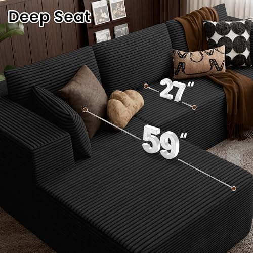 Image of 106 inch Cloud Sectional Boneless Couches for Living Room, Modular L Shaped Couch with Deep Seat Oversized Left Facing Chaise, Memory Foam Compressed Spineless 3 Seater Sofa for Bedroom Apartment, Black