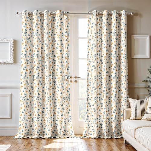 Image of Ultimate Trends Room Darkening Digital Printed Floral Geomatrical Prints Curtain 65-70% Opacity,Diamond Eyelets, Tie Back, Floral Geomatrical, 7 FEET Pack of 2,Teal and Yellow